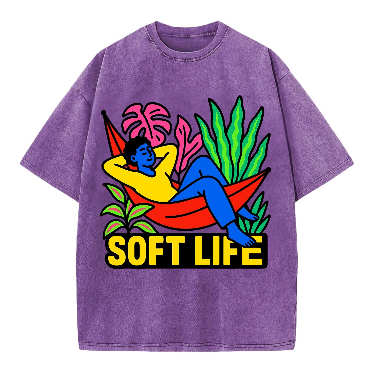 Person relaxing in hammock with plants - "soft life" aesthetic, peaceful living - Vintage T-shirt - Purple