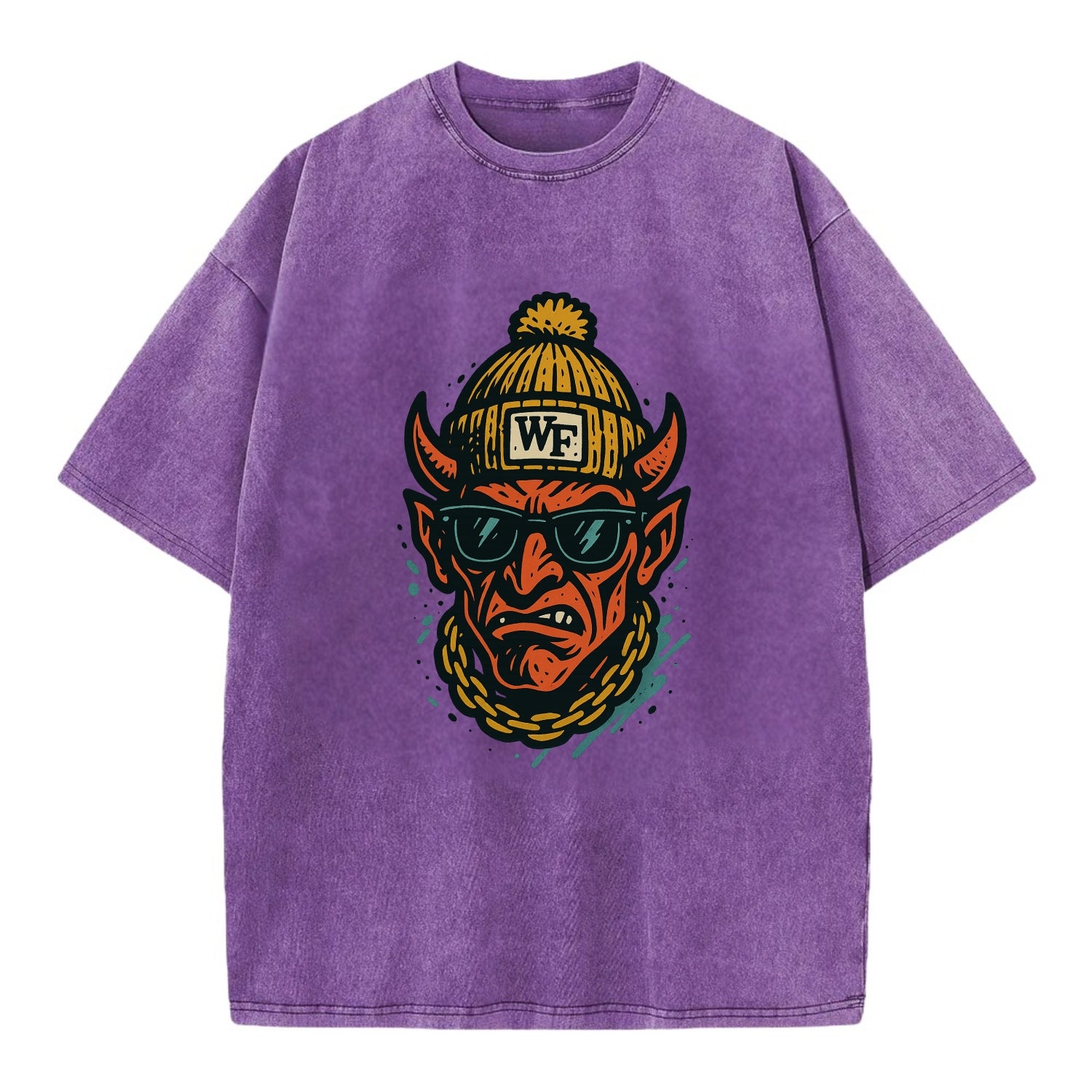 Winston-Salem Demon wearing Wake Forest beanie with WF patch - Vintage T-shirt - Purple