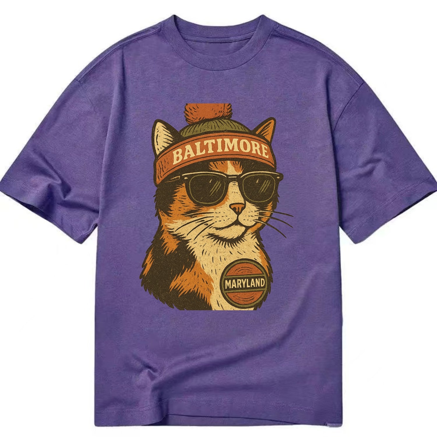 Maryland Calico Cat wearing Baltimore beanie with pom pom and wayfarer sunglasses - Classic T-shirt - Purple