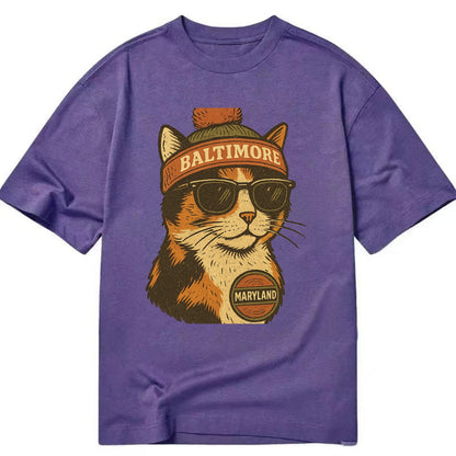 Maryland Calico Cat wearing Baltimore beanie with pom pom and wayfarer sunglasses - Classic T-shirt - Purple