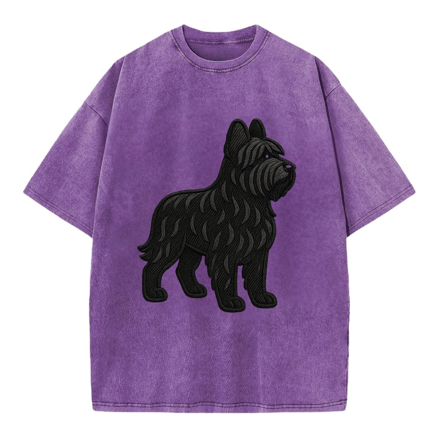 Briard - Black wavy coat embroidered herding pose - Vintage T-shirt - Purple
