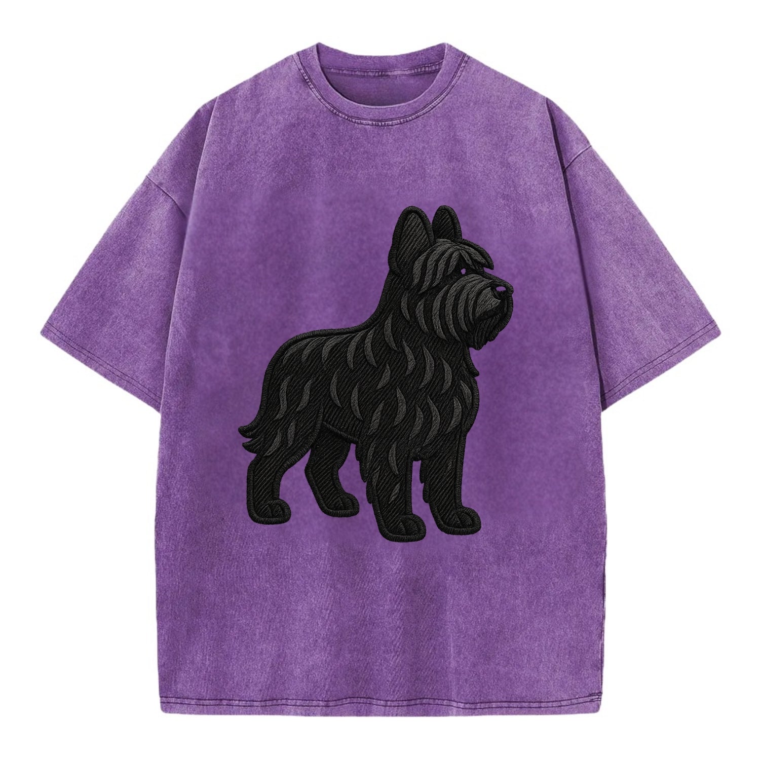 Briard - Black wavy coat embroidered herding pose - Vintage T-shirt - Purple