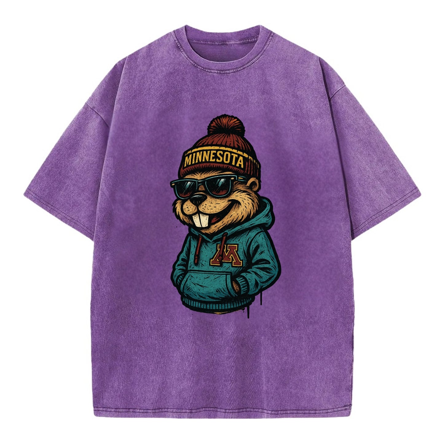 Minneapolis Gopher wearing Minnesota beanie with M patch - Vintage T-shirt - Purple