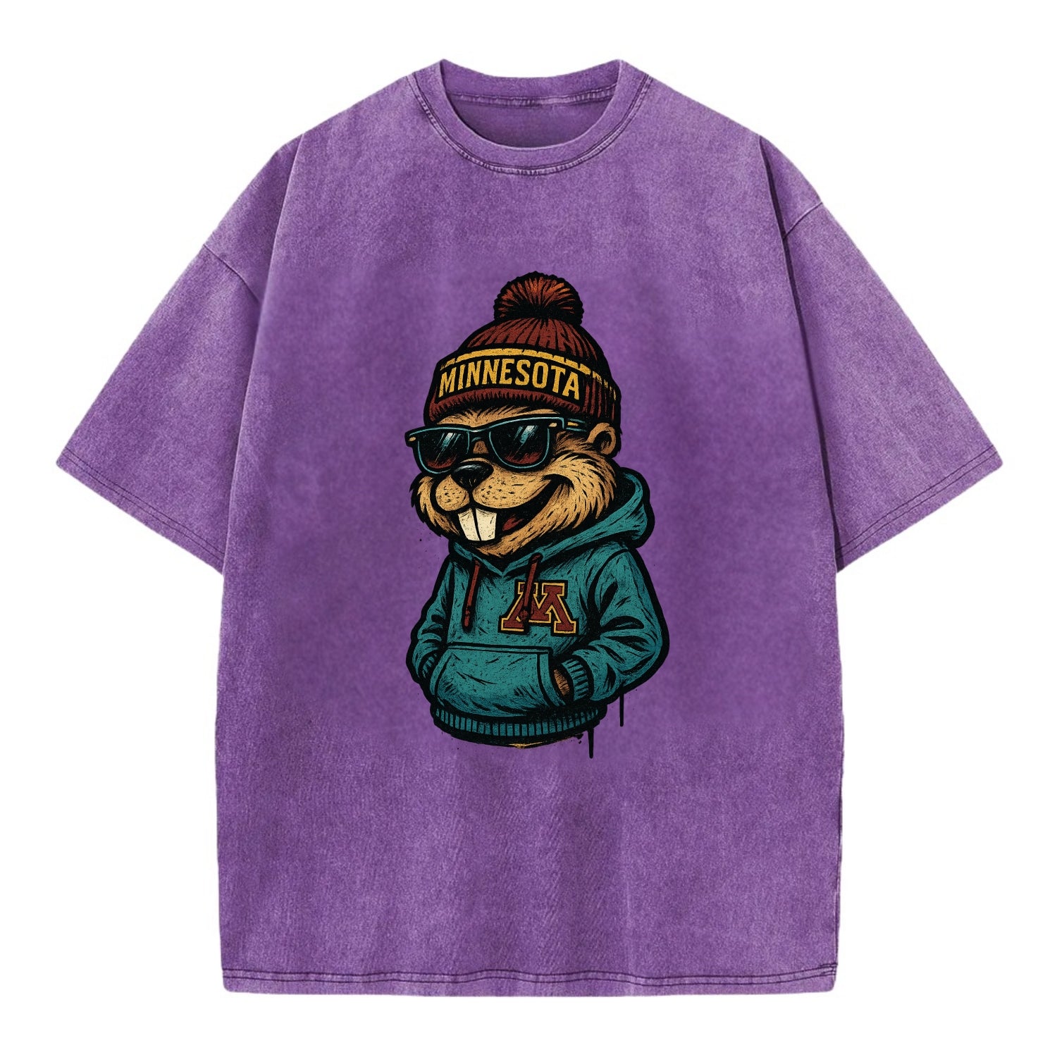 Minneapolis Gopher wearing Minnesota beanie with M patch - Vintage T-shirt - Purple