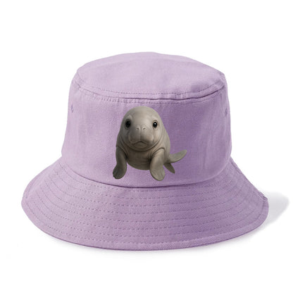 Baby Dugong - gray with paddle tail, gentle expression, whiskers, front-facing, sweet - Bucket Hat - Purple
