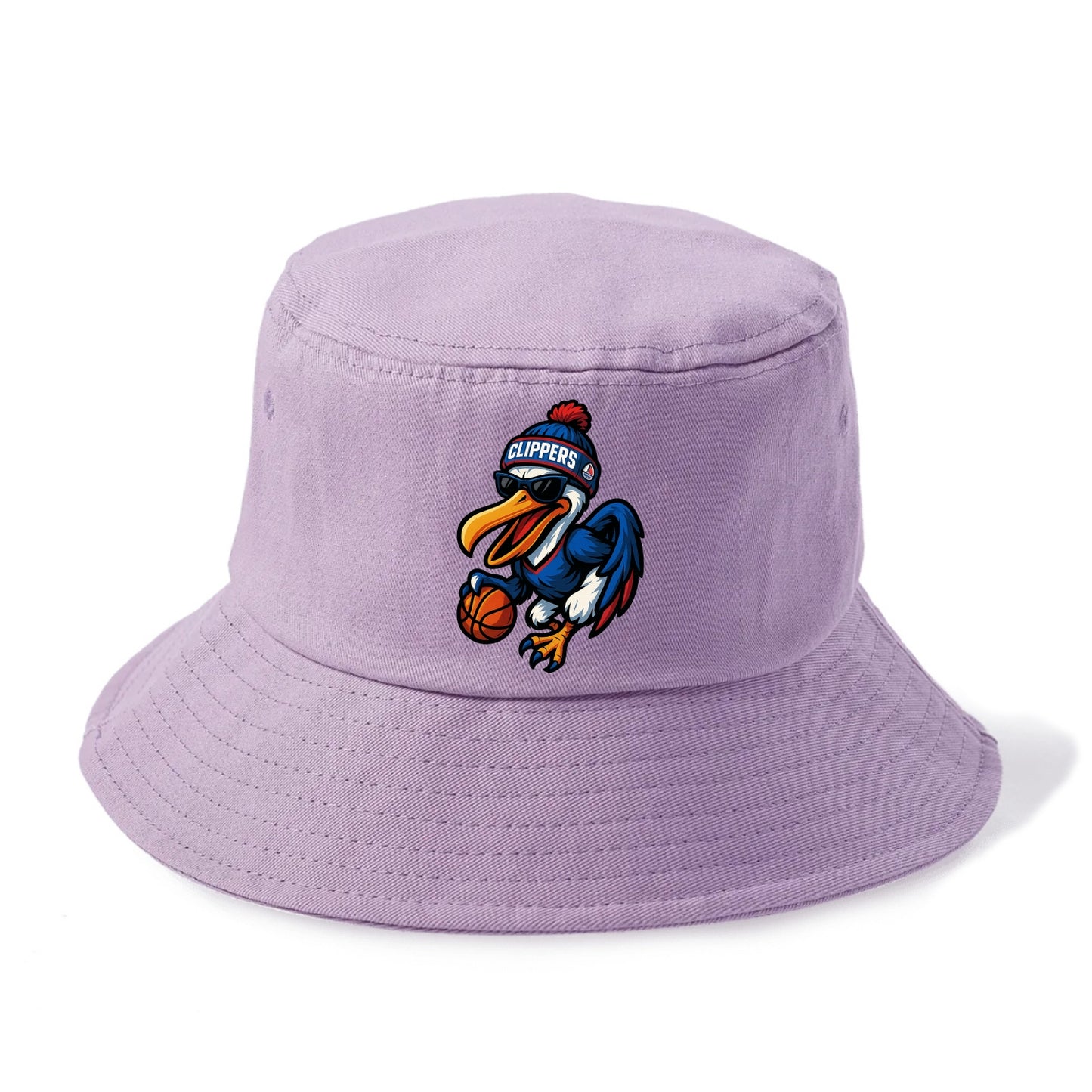Los Angeles Pelican wearing Clippers beanie with sailboat patch and wayfarer sunglasses - Bucket Hat - Purple