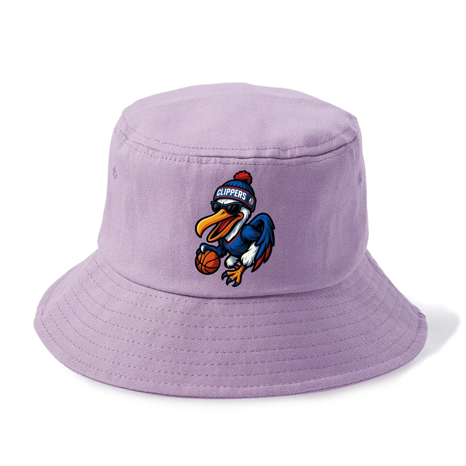 Los Angeles Pelican wearing Clippers beanie with sailboat patch and wayfarer sunglasses - Bucket Hat - Purple