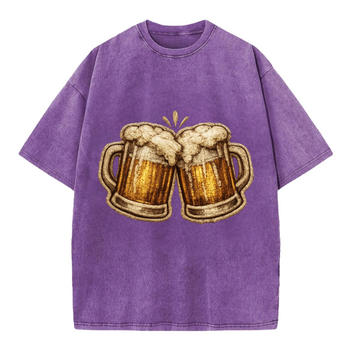 BEER MUG CHEERS - frosty beer stein in gold and amber , brewery - Vintage T-shirt - Purple