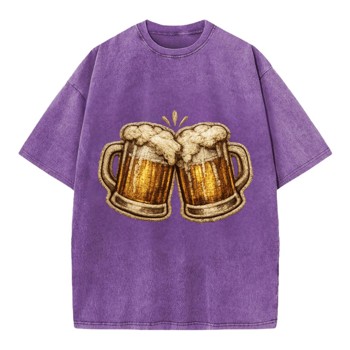 BEER MUG CHEERS - frosty beer stein in gold and amber , brewery - Vintage T-shirt - Purple