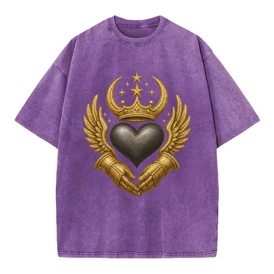 Nordic knotwork crown supporting a frosted steel heart with mittened hands - Vintage T-shirt - Purple
