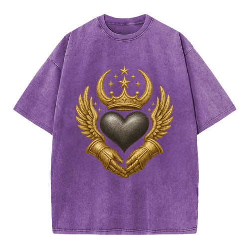 Nordic knotwork crown supporting a frosted steel heart with mittened hands - Vintage T-shirt