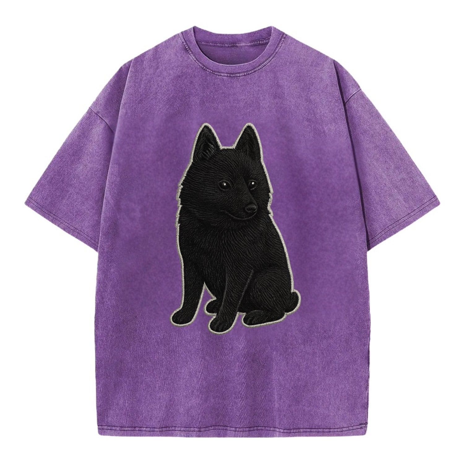 Schipperke - Solid black small embroidered sitting pose - Vintage T-shirt - Purple
