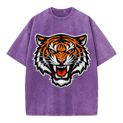 TIGER STRIPES FACE - fierce tiger face in orange, black and white , predator power - Vintage T-shirt - Purple