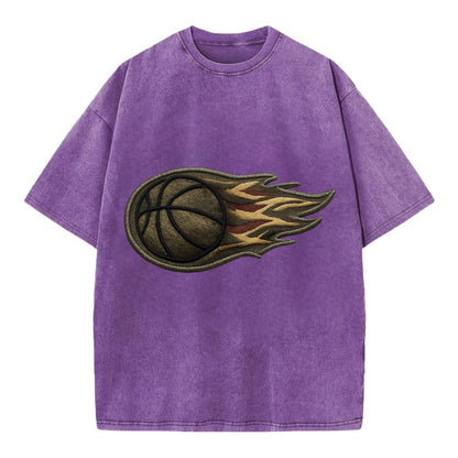 Embroidered patch design - BASKETBALL FLAMING BALL - basketball with flames in - Vintage T-shirt - Purple