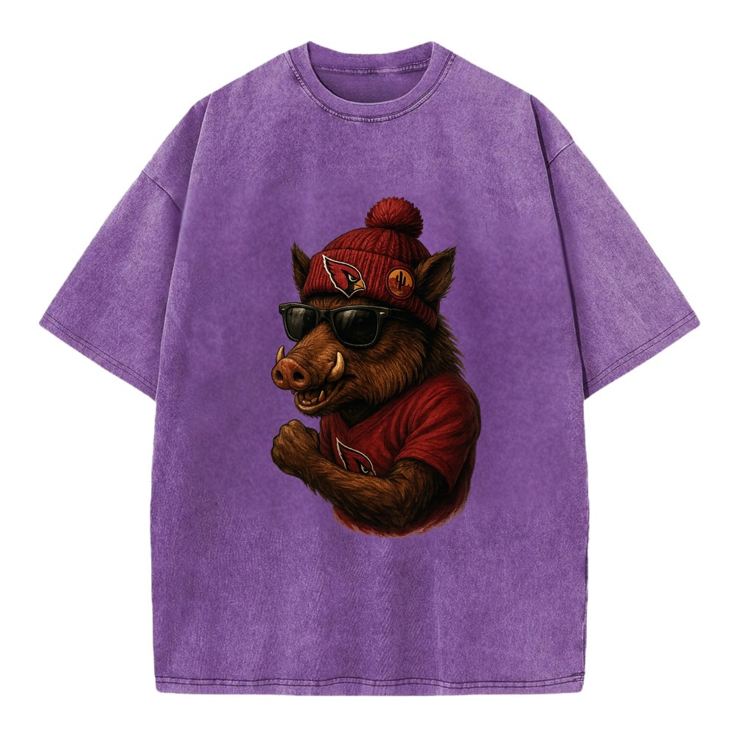 Arizona Javelina wearing Cardinals beanie with desert patch and wayfarer - Vintage T-shirt - Purple