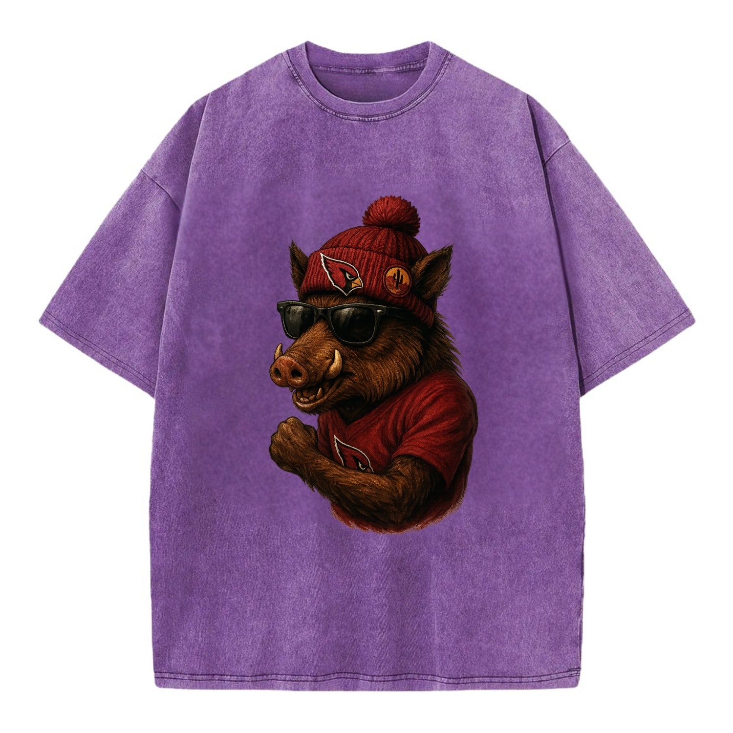 Arizona Javelina wearing Cardinals beanie with desert patch and wayfarer - Vintage T-shirt - Purple