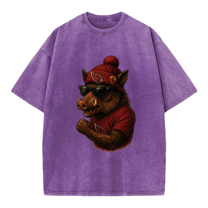 Arizona Javelina wearing Cardinals beanie with desert patch and wayfarer - Vintage T-shirt - Purple