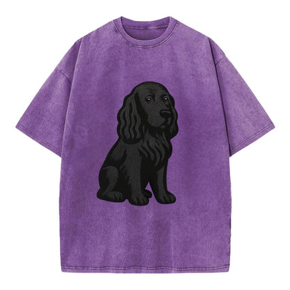 Field Spaniel - Black silky coat embroidered pose - Vintage T-shirt - Purple