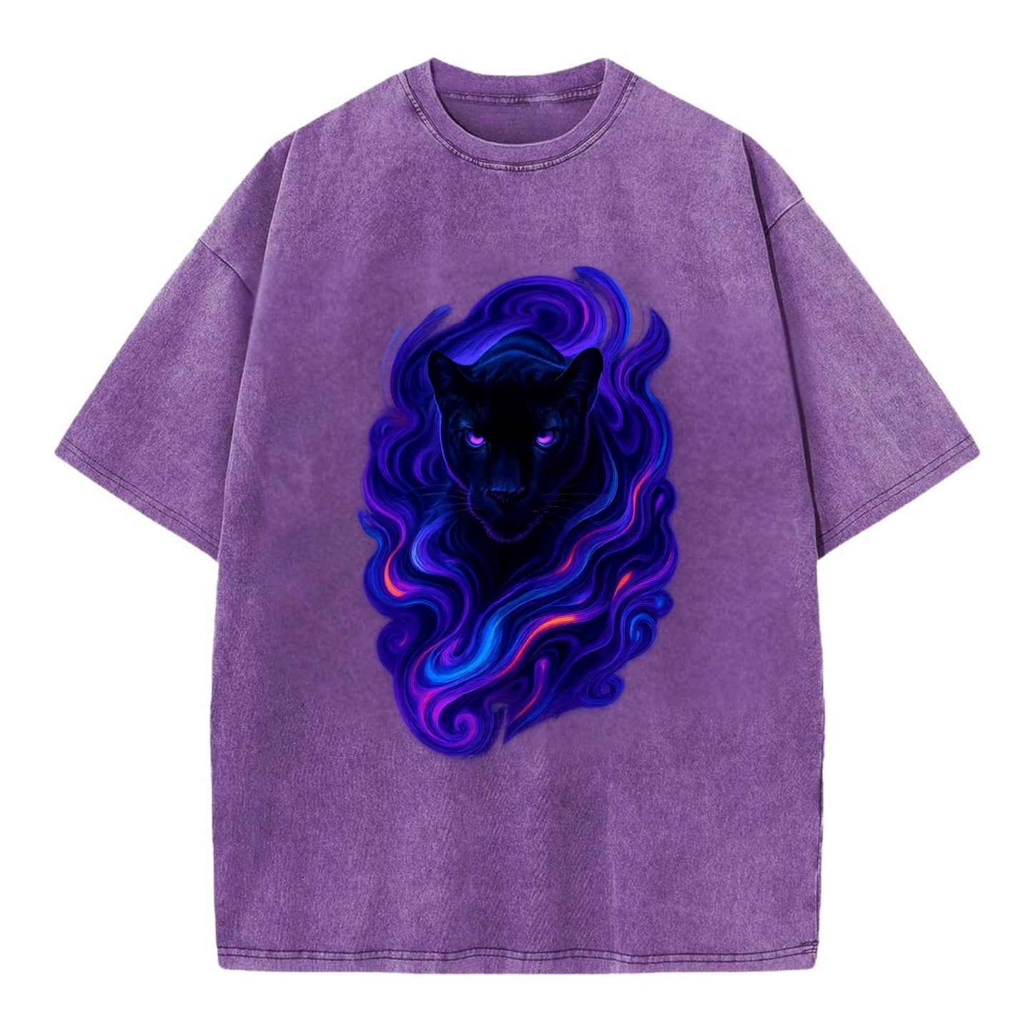 Sleek black panther emerging from swirls of deep purple and electric blue, - Vintage T-shirt - Purple
