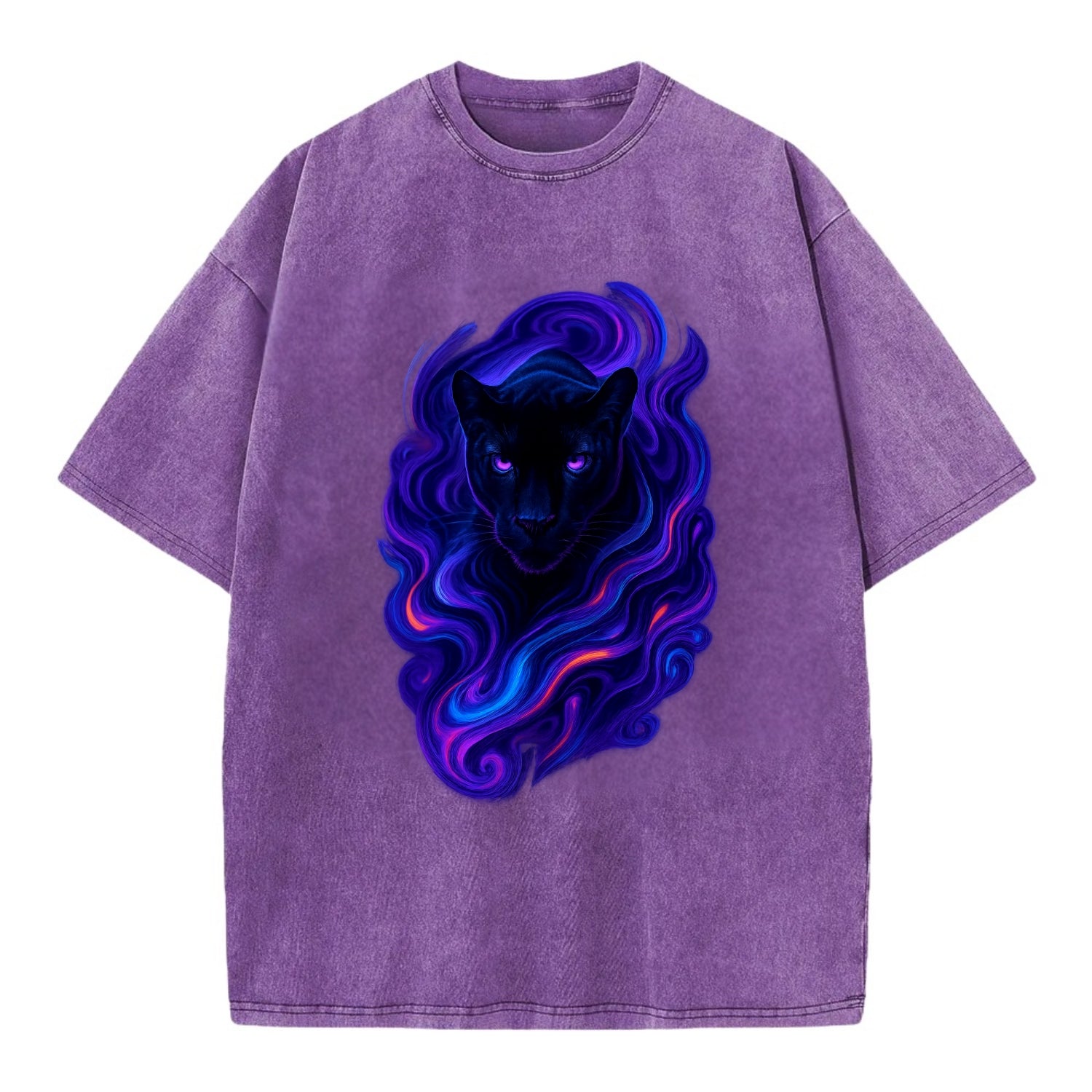 Sleek black panther emerging from swirls of deep purple and electric blue, - Vintage T-shirt - Purple