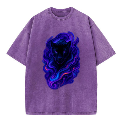 Sleek black panther emerging from swirls of deep purple and electric blue, - Vintage T-shirt - Purple