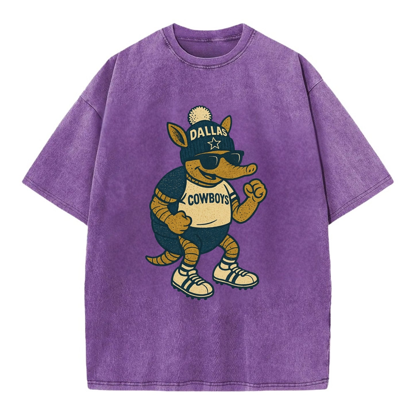 Dallas Armadillo wearing Cowboys beanie with lone star patch and wayfarer - Vintage T-shirt - Purple
