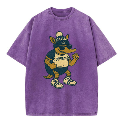 Dallas Armadillo wearing Cowboys beanie with lone star patch and wayfarer - Vintage T-shirt - Purple