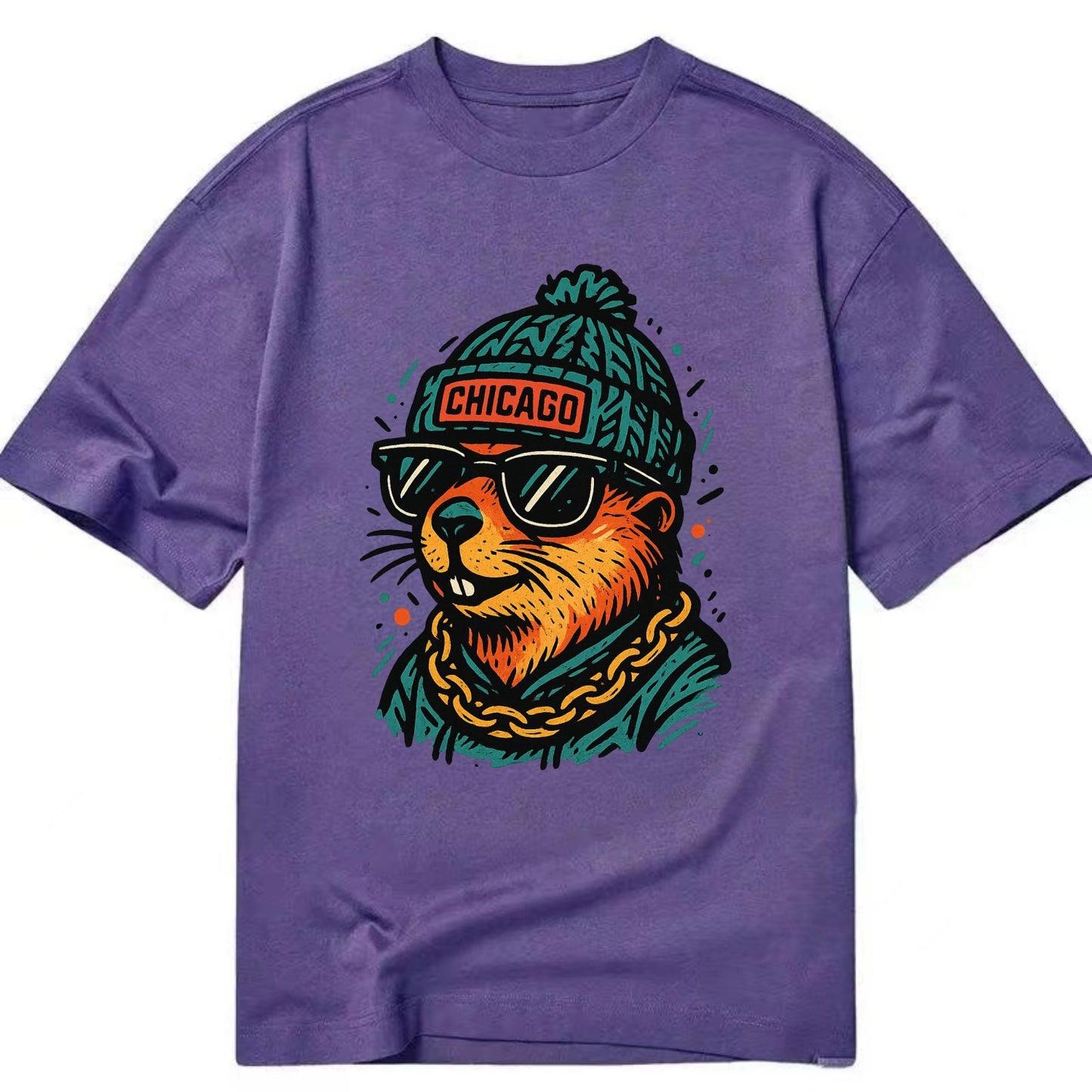 Illinois Prairie Dog wearing Chicago beanie with pom pom and wayfarer sunglasses - Classic T-shirt - Purple