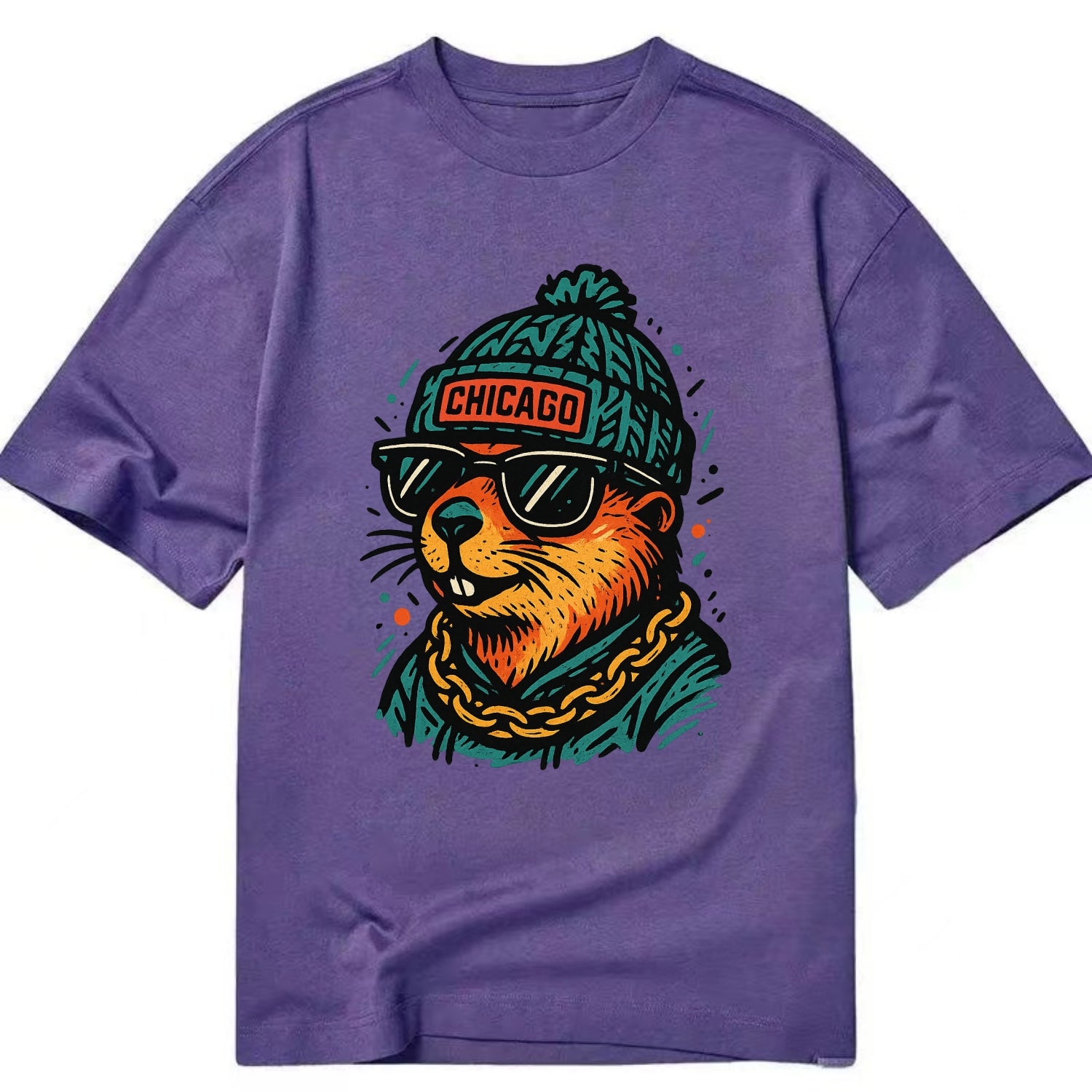 Illinois Prairie Dog wearing Chicago beanie with pom pom and wayfarer sunglasses - Classic T-shirt - Purple