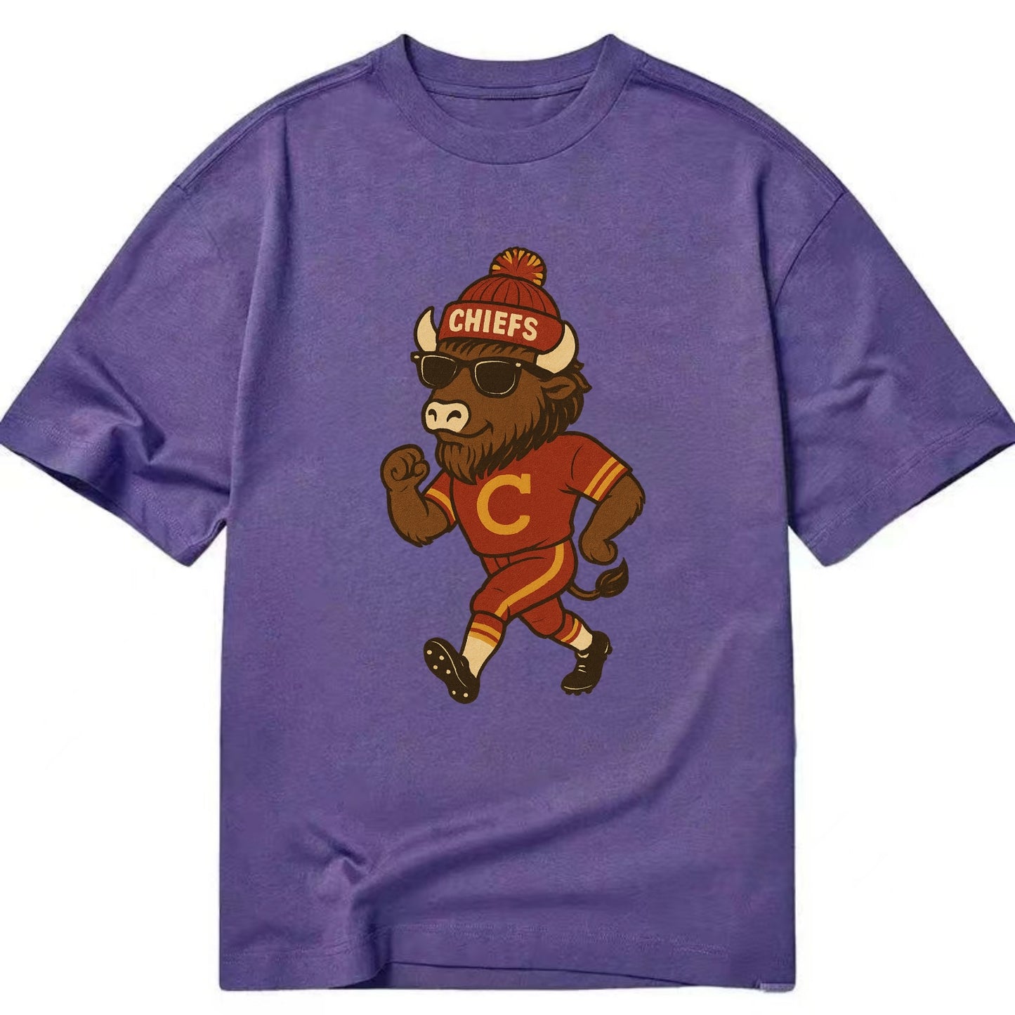 KC Bison wearing Chiefs beanie with arrowhead patch and wayfarer sunglasses - Classic T-shirt - Purple