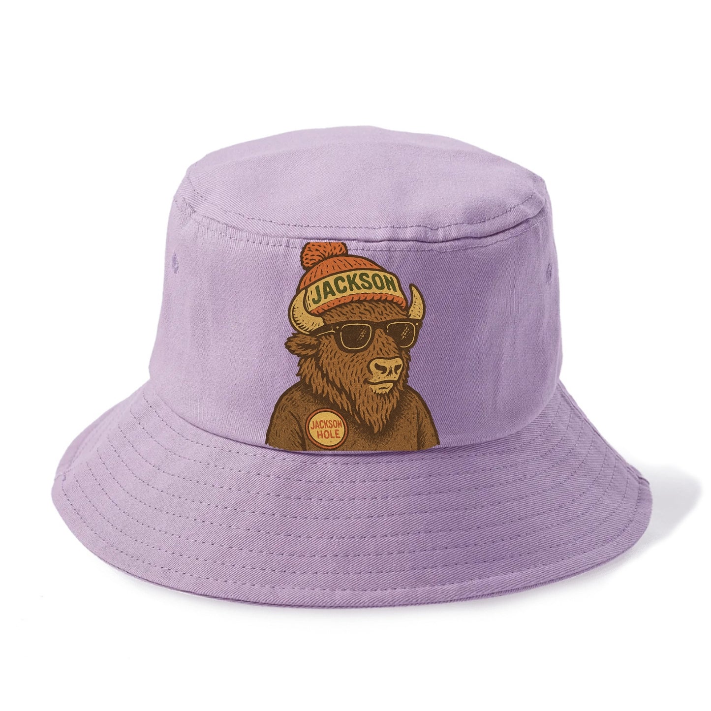 Jackson Hole Bison wearing Jackson beanie with pom pom and wayfarer sunglasses - Bucket Hat - Purple