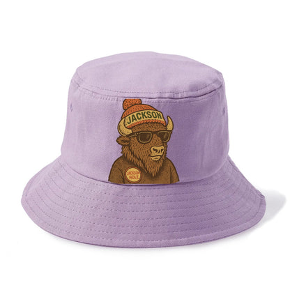 Jackson Hole Bison wearing Jackson beanie with pom pom and wayfarer sunglasses - Bucket Hat - Purple