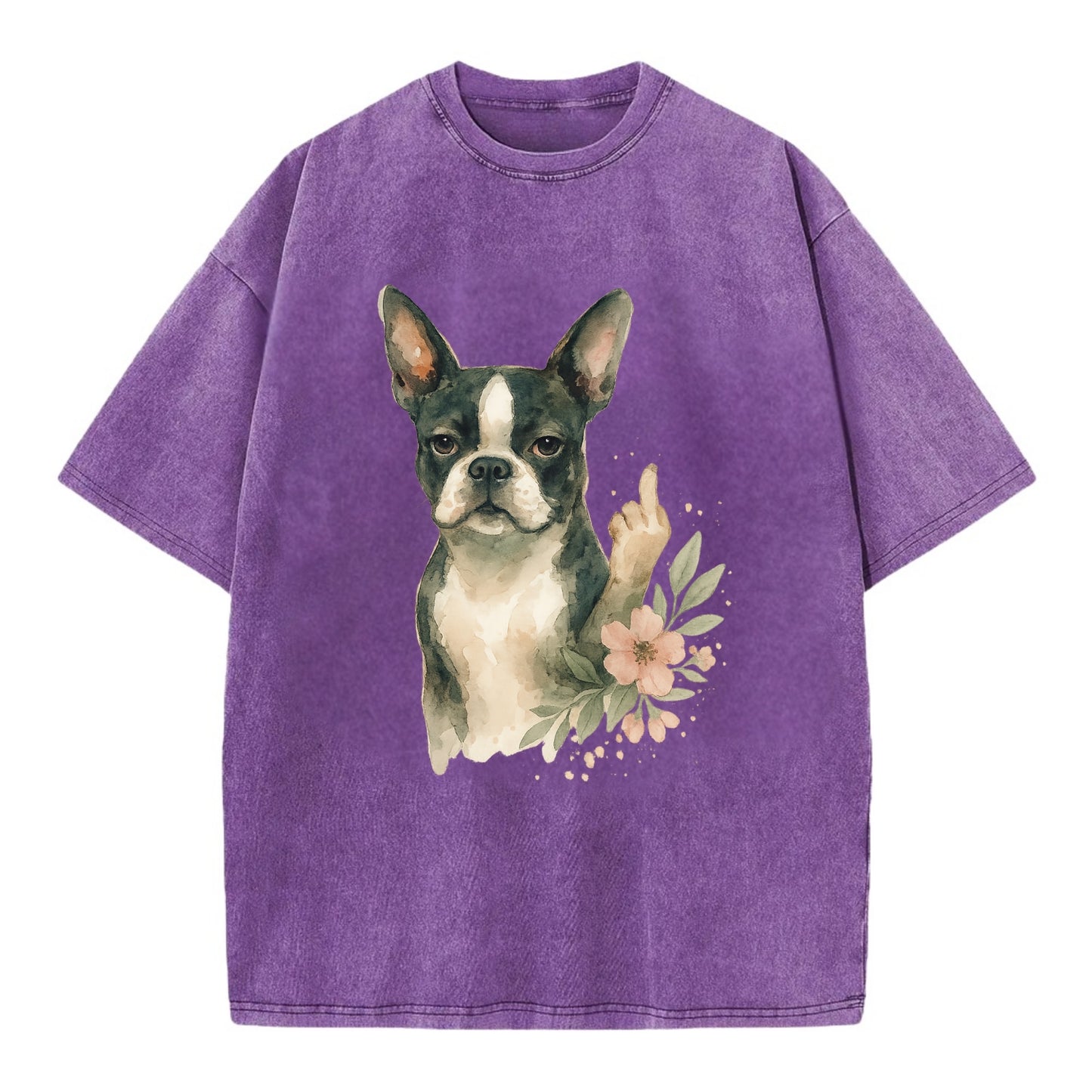 Boston Terrier with tuxedo markings, perky ears, paw up giving sass - Vintage T-shirt - Purple