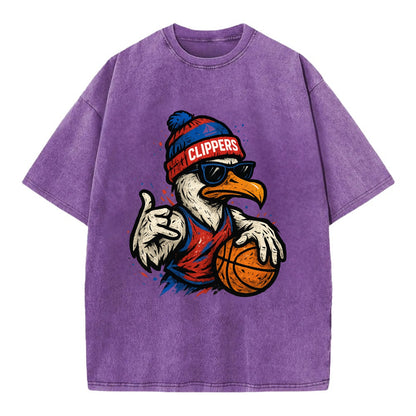 LA Seagull wearing Clippers red white and blue beanie with ship patch and - Vintage T-shirt - Purple