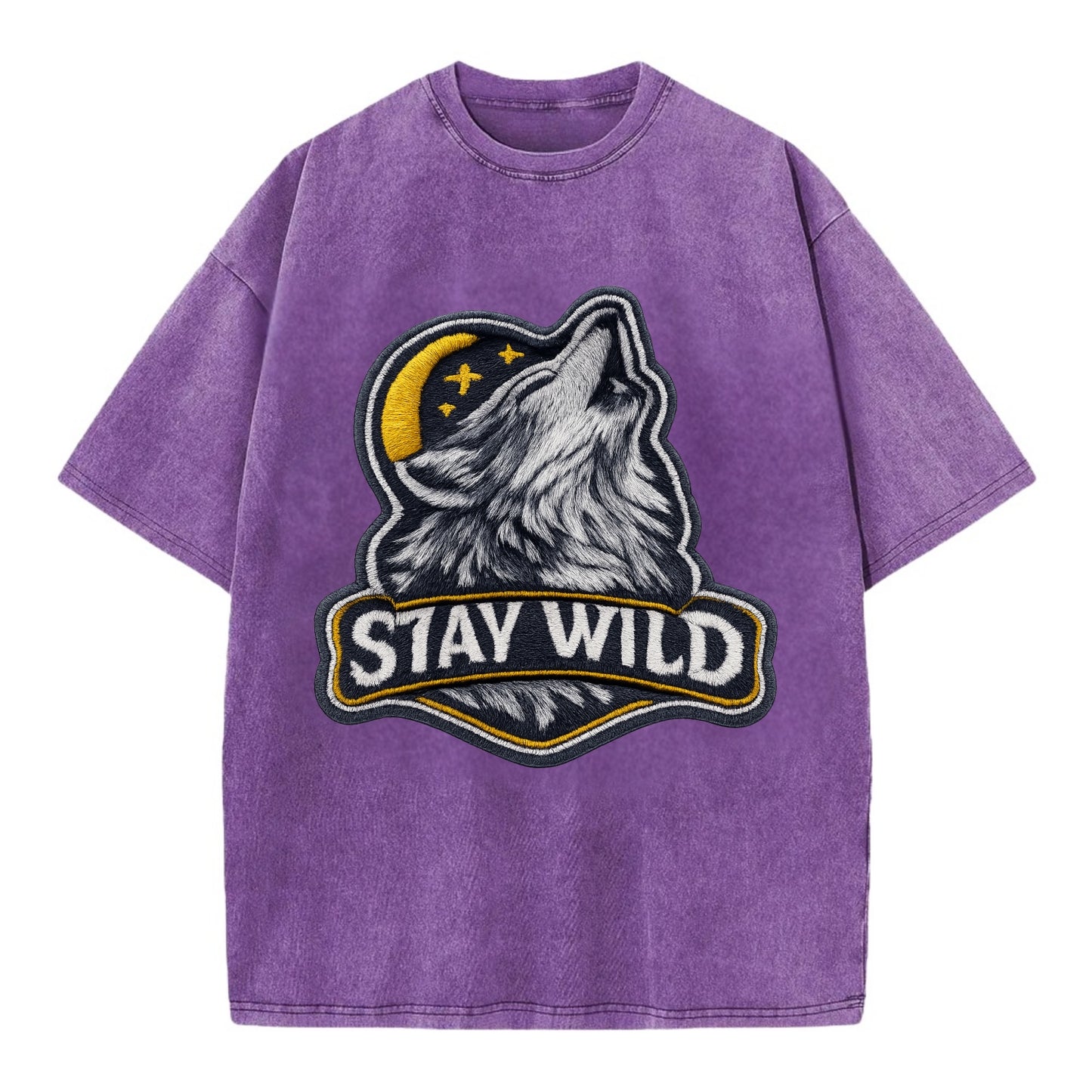 STAY WILD - wolf with text in gray , free spirit - Vintage T-shirt - Purple