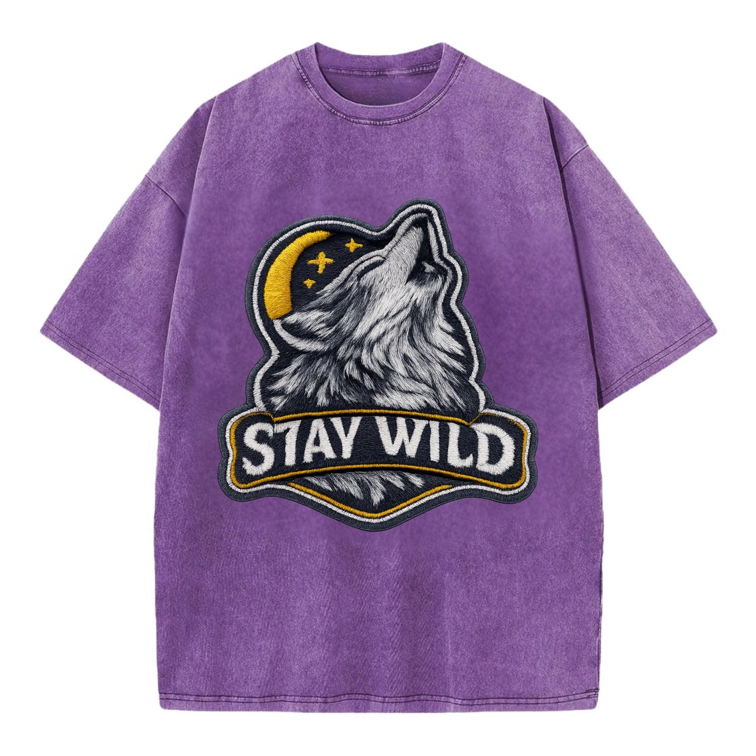 STAY WILD - wolf with text in gray , free spirit - Vintage T-shirt - Purple