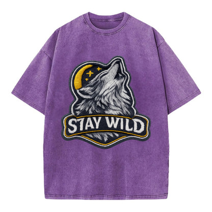 STAY WILD - wolf with text in gray , free spirit - Vintage T-shirt - Purple