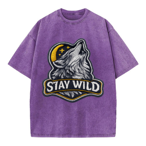 STAY WILD - wolf with text in gray , free spirit - Vintage T-shirt