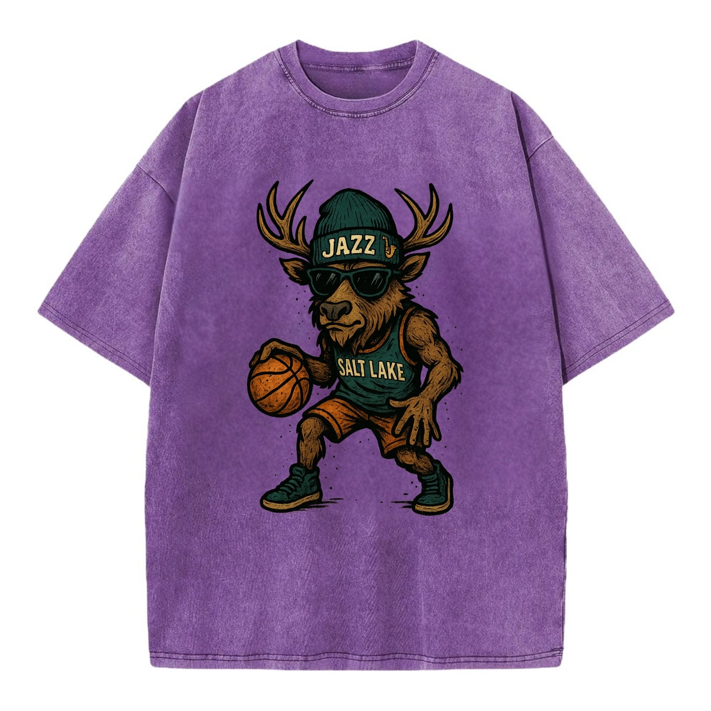 Salt Lake Elk wearing Jazz beanie with saxophone patch and wayfarer sunglasses - Vintage T-shirt - Purple