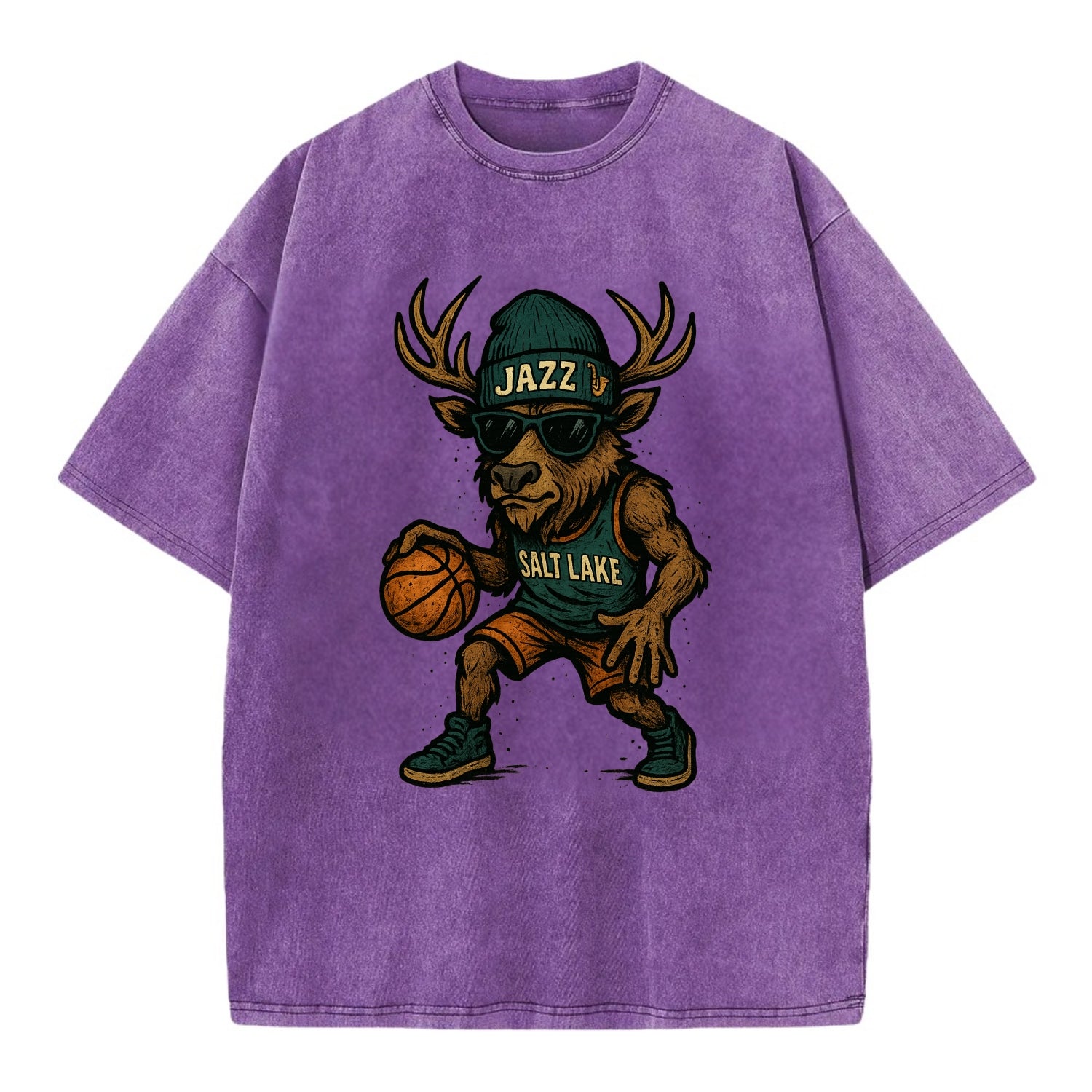 Salt Lake Elk wearing Jazz beanie with saxophone patch and wayfarer sunglasses - Vintage T-shirt - Purple