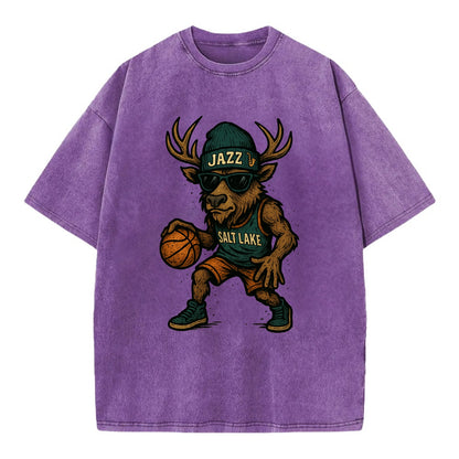 Salt Lake Elk wearing Jazz beanie with saxophone patch and wayfarer sunglasses - Vintage T-shirt - Purple