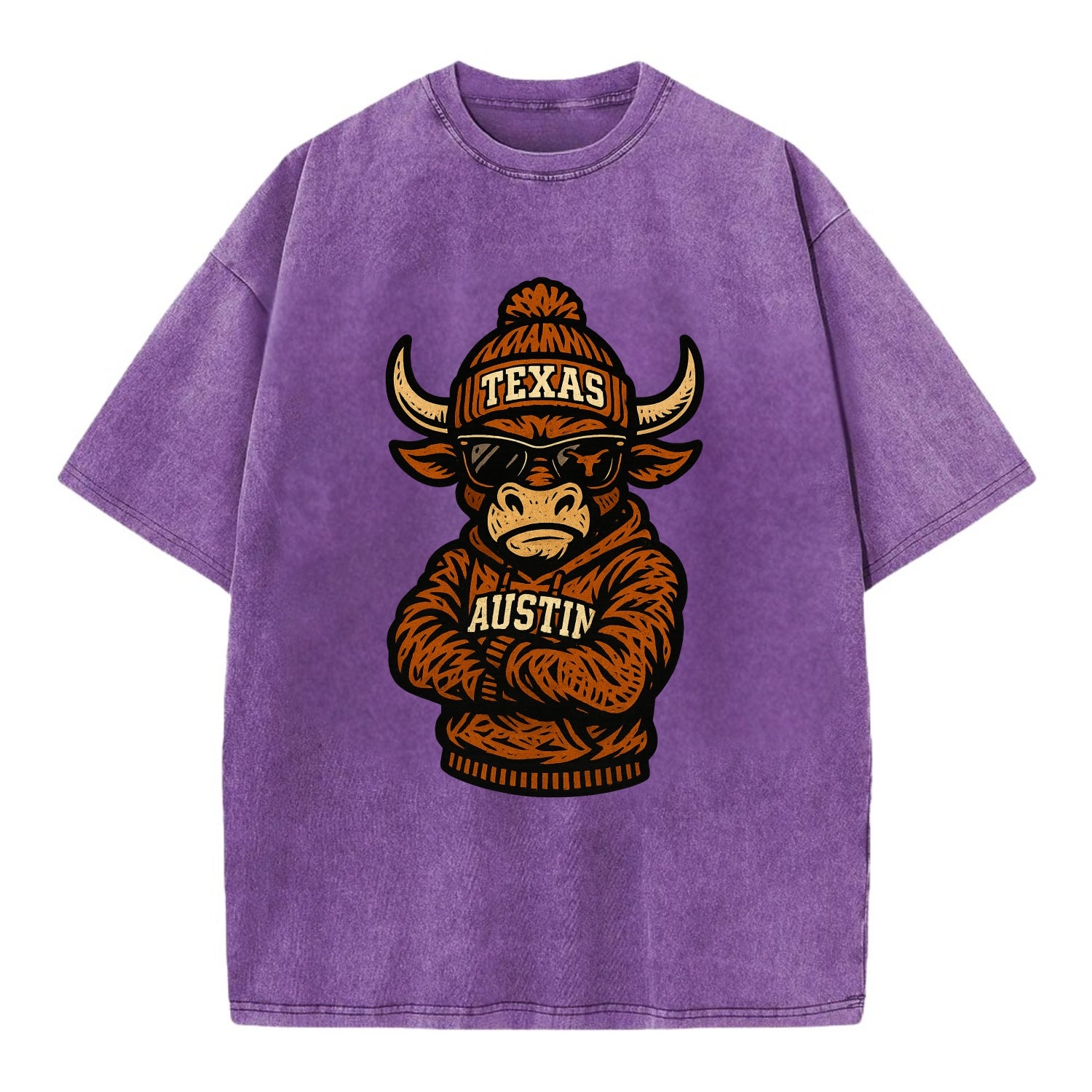 Austin Bevo wearing Texas beanie with longhorn patch - Vintage T-shirt - Purple