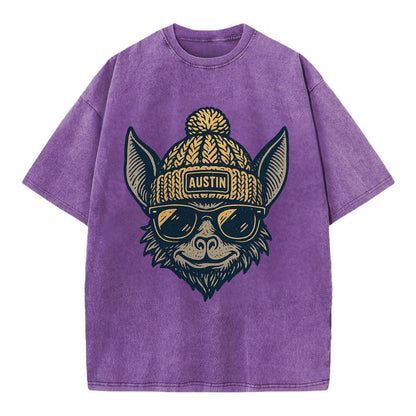 Austin Bat wearing Austin beanie with pom pom and wayfarer sunglasses - Vintage T-shirt - Purple
