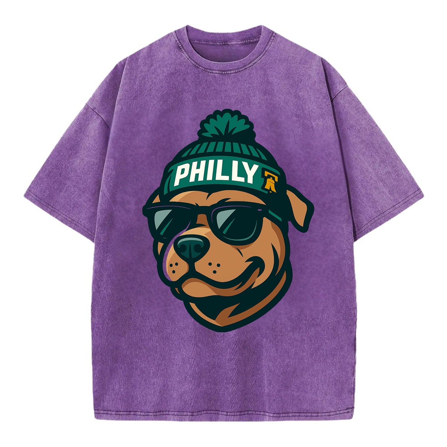 Philly Pitbull wearing Eagles beanie with Liberty Bell patch and wayfarer - Vintage T-shirt - Purple