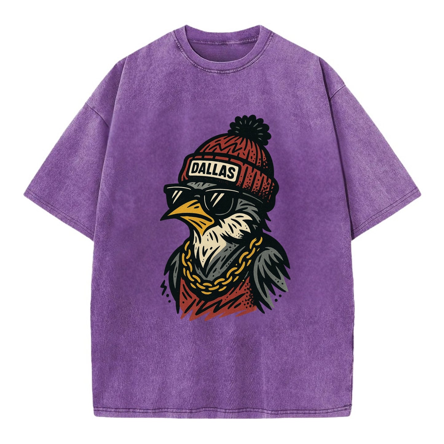 Dallas Mockingbird wearing Dallas beanie with pom pom and wayfarer sunglasses - Vintage T-shirt - Purple