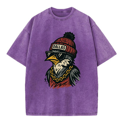 Dallas Mockingbird wearing Dallas beanie with pom pom and wayfarer sunglasses - Vintage T-shirt - Purple