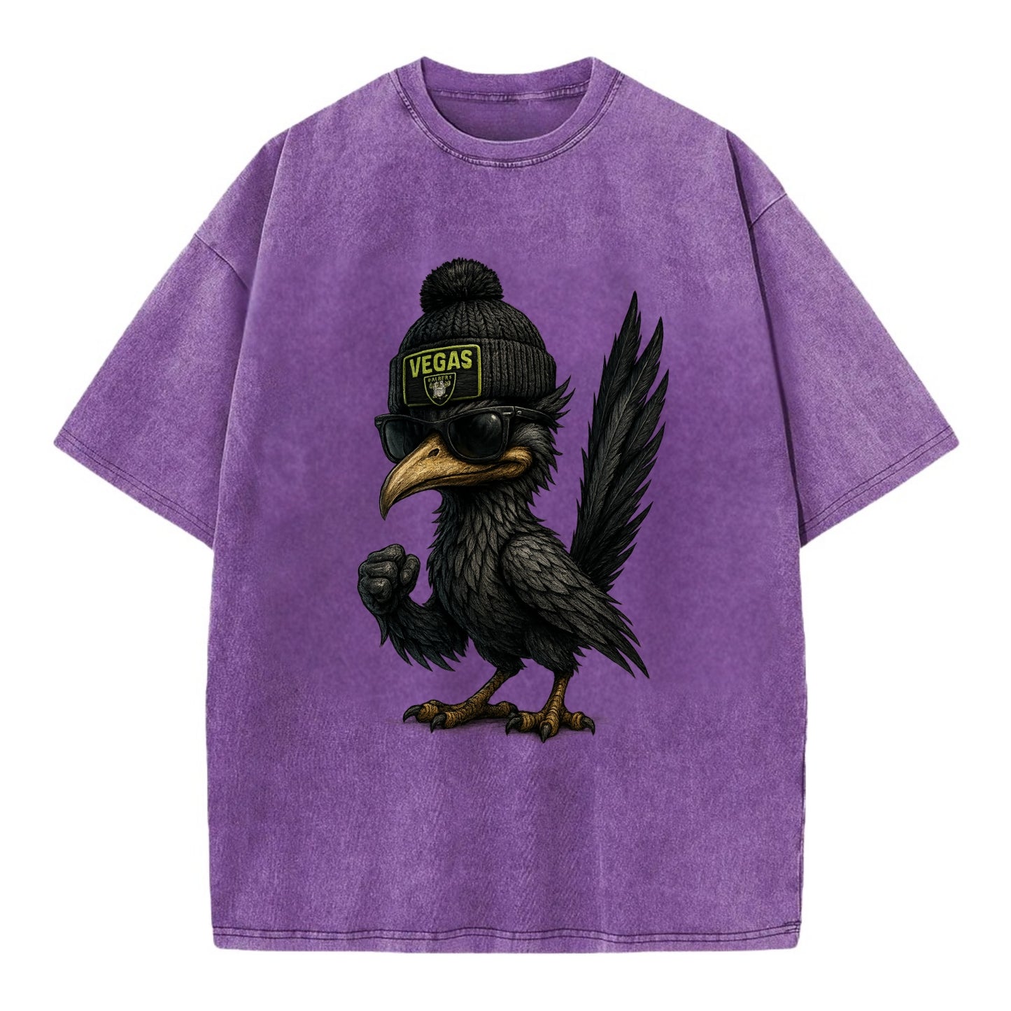 Vegas Roadrunner wearing Raiders beanie with neon patch and wayfarer sunglasses - Vintage T-shirt - Purple