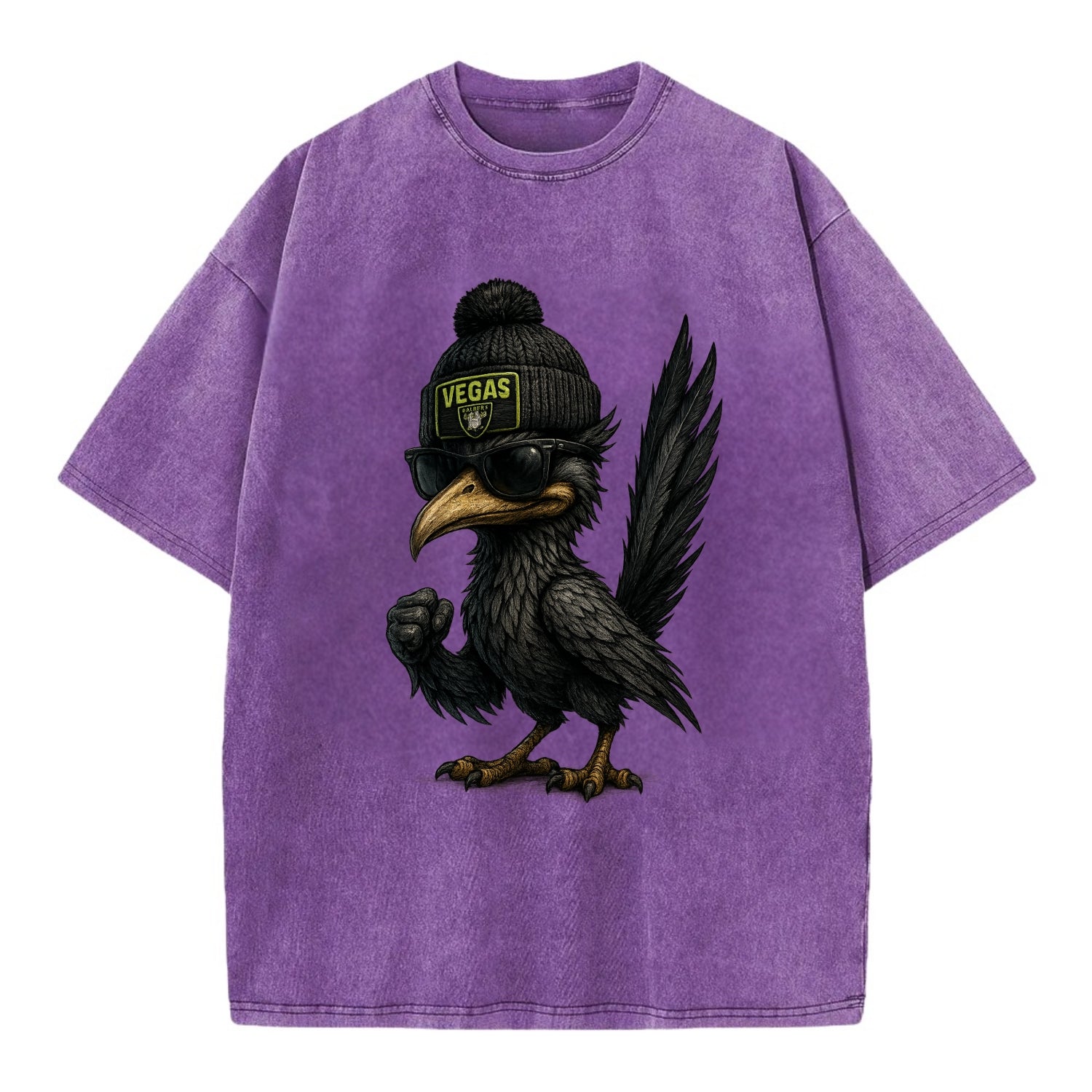Vegas Roadrunner wearing Raiders beanie with neon patch and wayfarer sunglasses - Vintage T-shirt - Purple