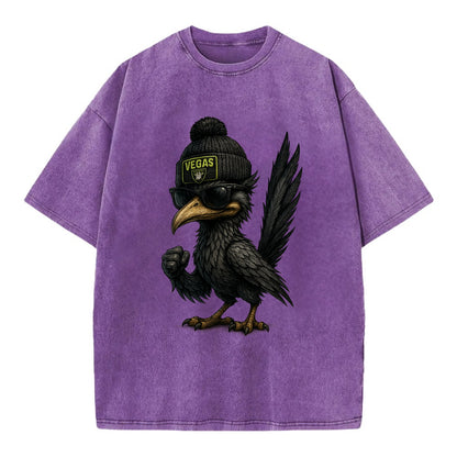 Vegas Roadrunner wearing Raiders beanie with neon patch and wayfarer sunglasses - Vintage T-shirt - Purple