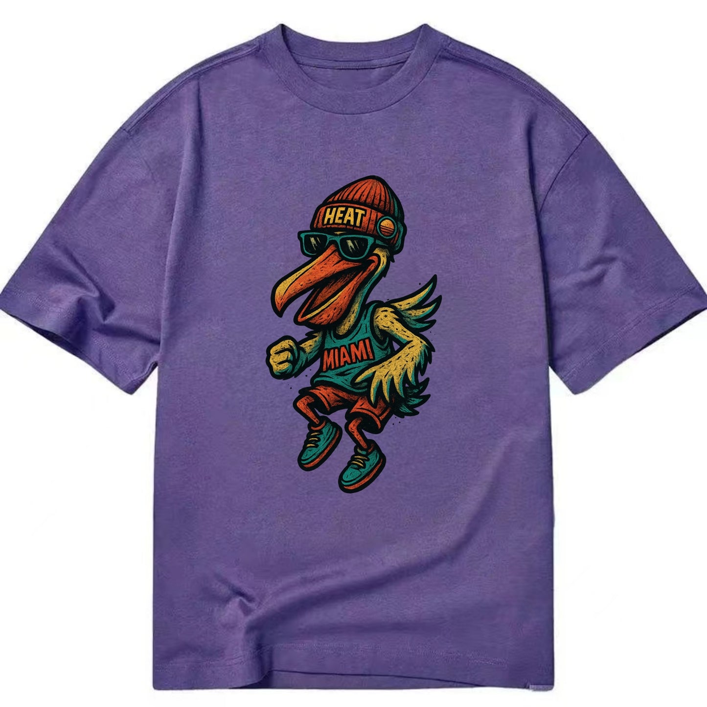 Miami Pelican wearing Heat beanie with sunset patch and wayfarer sunglasses - Classic T-shirt - Purple